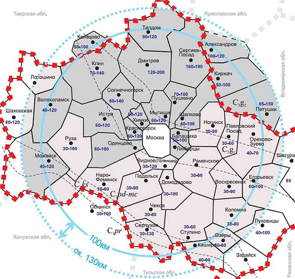 Карта глубин водоносных слоев и первых горизонтов Московской области